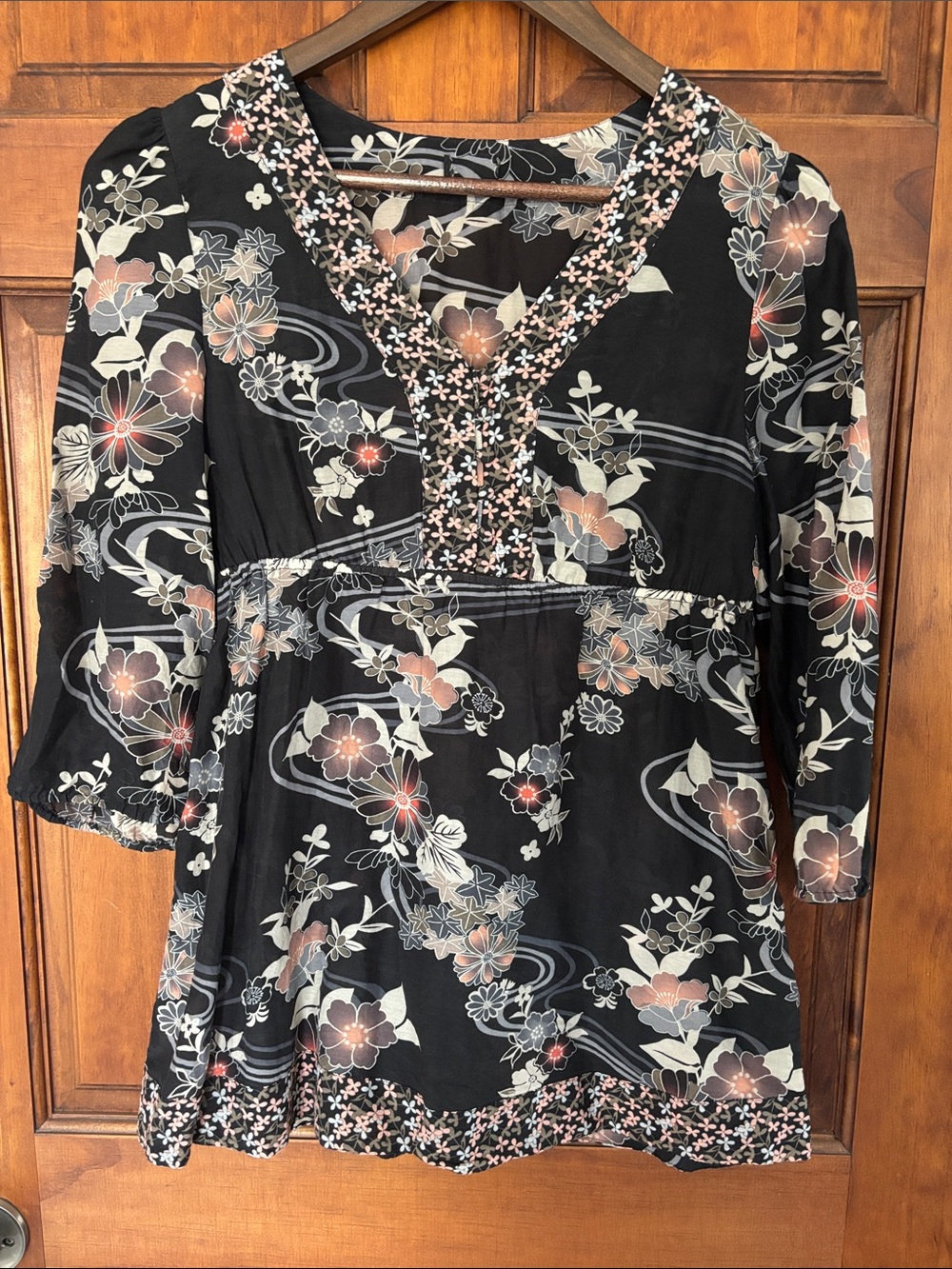 H&M Black Floral Tunic with Cream and Pink Accents